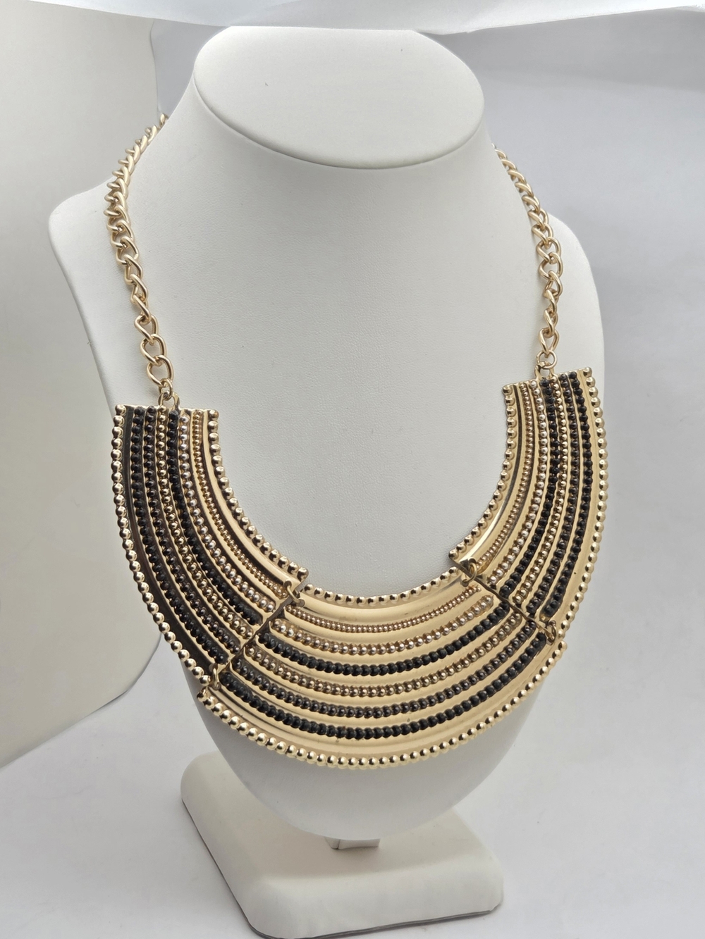 OPIA Boho Gold Tone Tiered Bib Statement Necklace Black Beads